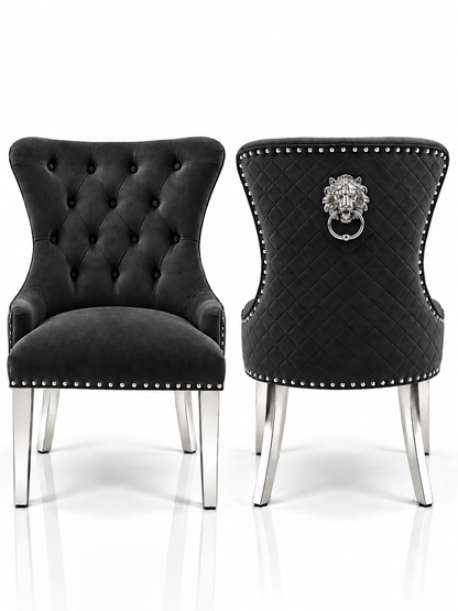 Louis Trafalgar Marble Dining Set – Black Lion Head Knockerback Chair Front & Rear View with Chrome Legs | Starlight Distribution

