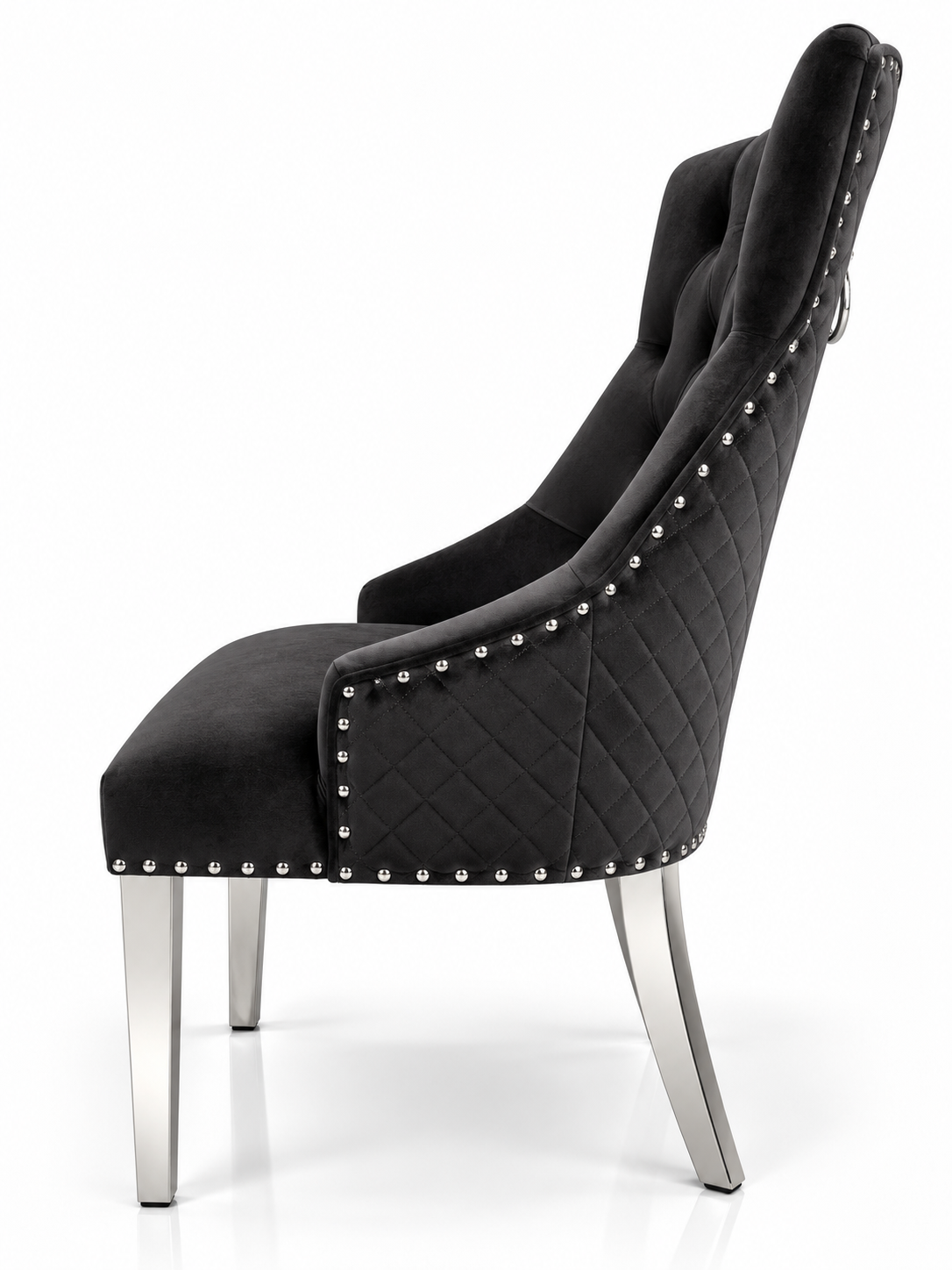 Louis Trafalgar Marble Dining Set – Black Lion Head Knockerback Chair Side Profile with Chrome Legs | Starlight Distribution

