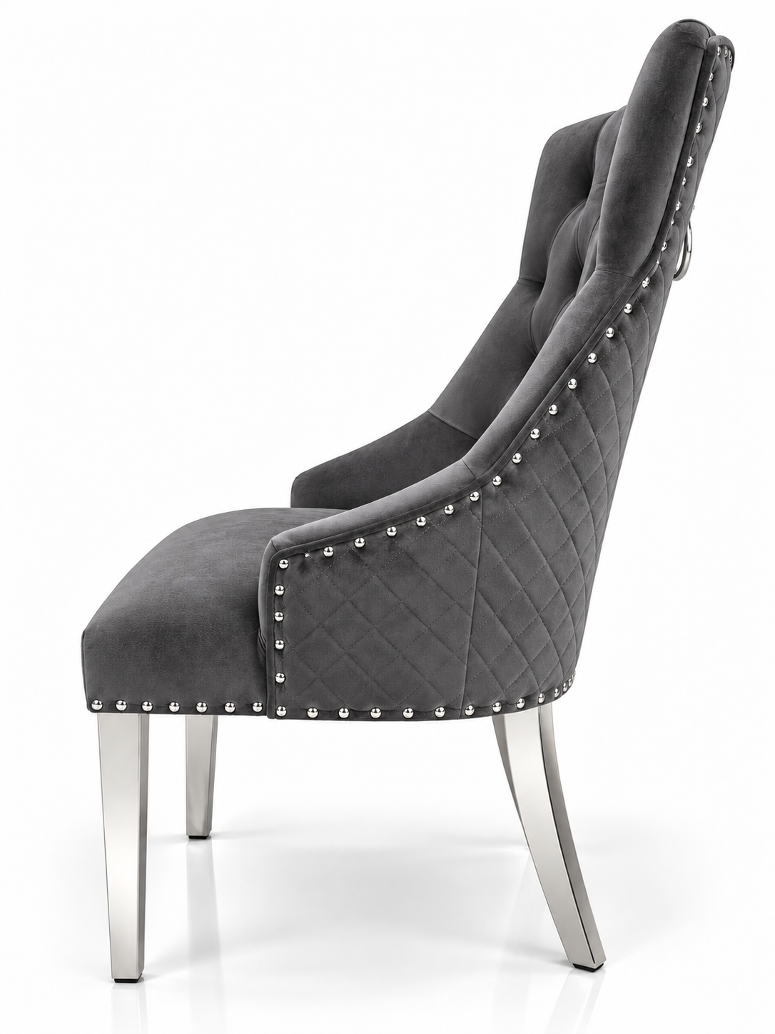 Louis Trafalgar Marble Dining Set – Dark Grey Lion Head Knockerback Chair Side Profile with Chrome Legs | Starlight Distribution

