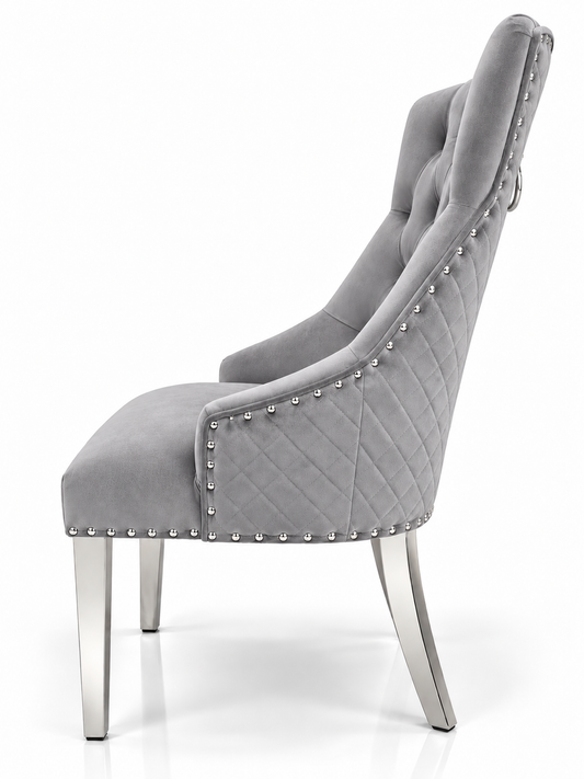 Louis Trafalgar Marble Dining Set – Light Grey Lion Head Knockerback Chair Side Profile with Chrome Legs | Starlight Distribution

