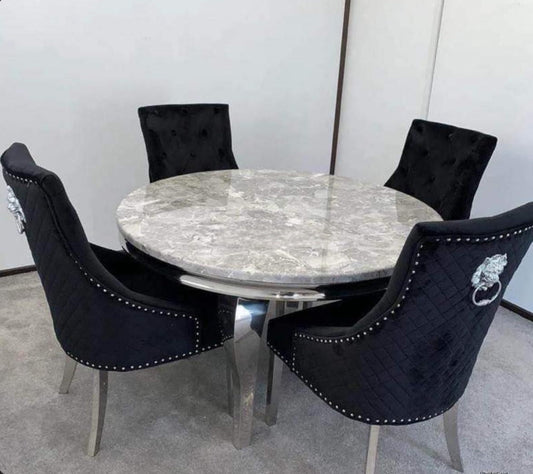 Alexander Round Marble Dining Set & 4 Lion Head Knockerback Chairs – Close Up Chair Fabric & Leg Detail