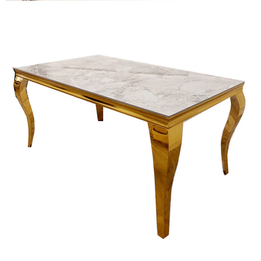 Trafalgar Solid Marble Dining Table Gold – Close Up Chair Fabric & Leg Detail