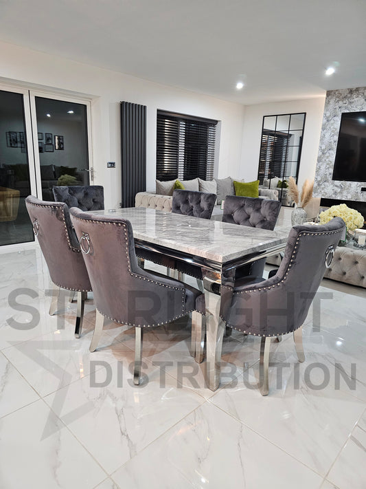 Trafalgar Rectangle Marble Dining Table Set With Bull Ring Knockerback Chairs – Close Up Chair Fabric & Leg Detail