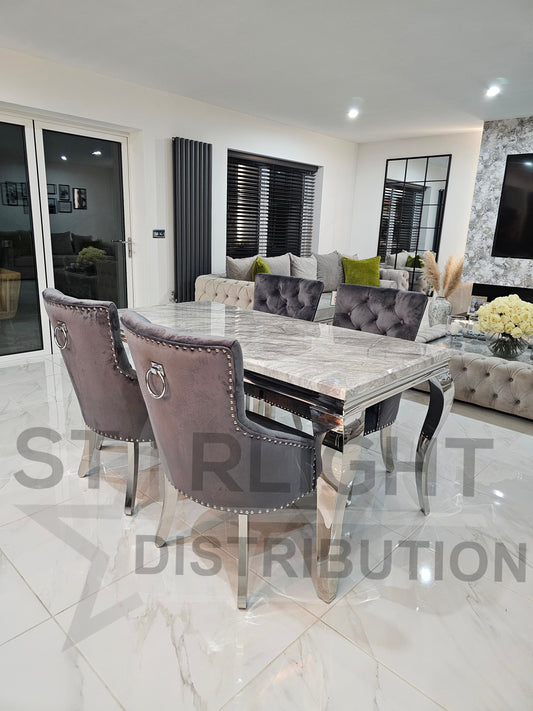 Trafalgar Rectangle Marble Dining Table Set With Bull Ring Knockerback Chairs – In-Situ Dining Room Decor View