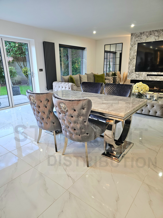 Arianna Rectangle Marble Dining Table Set With Chelsea Chairs – Close Up Chair Fabric & Leg Detail