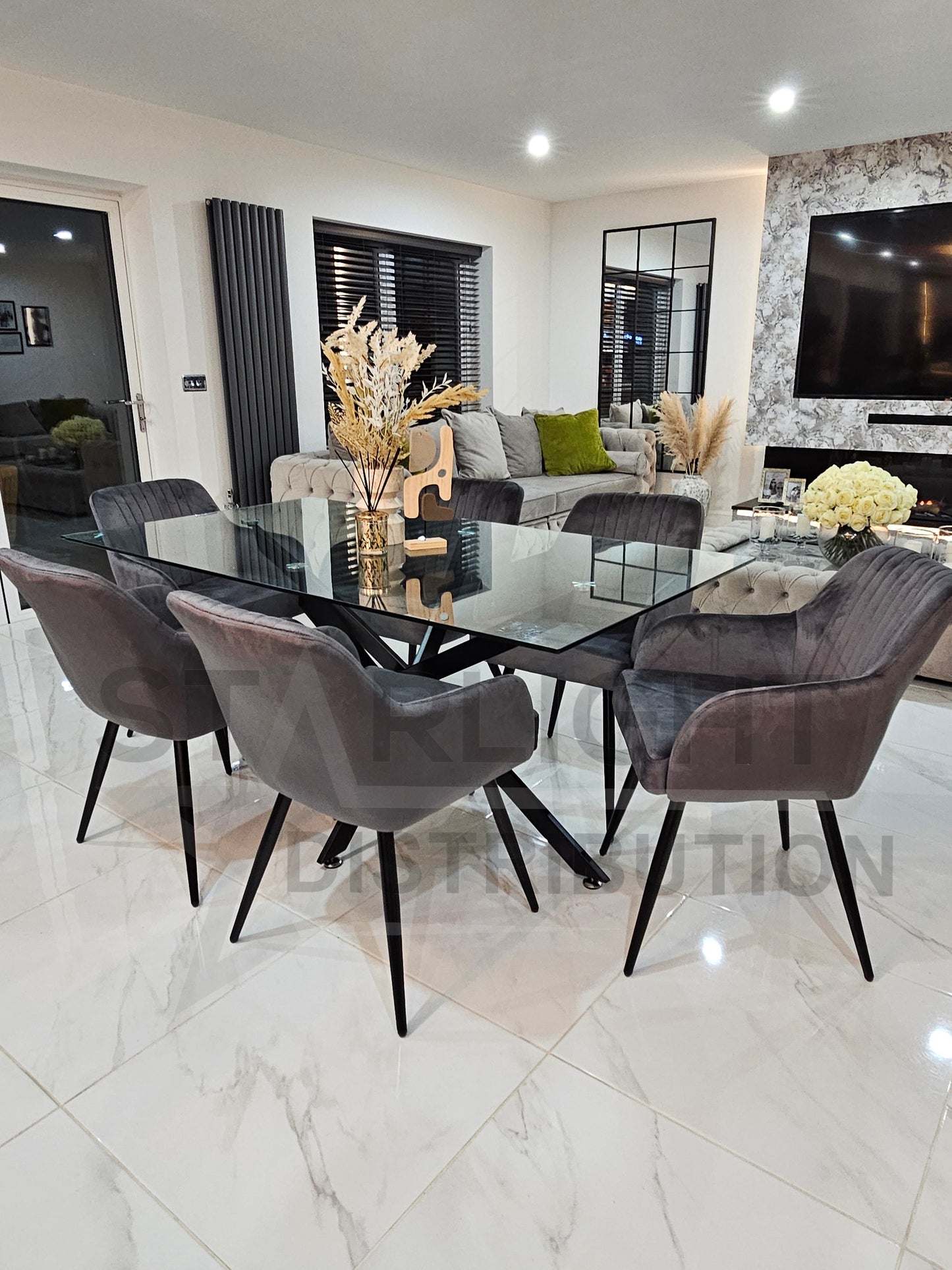 Amalfi Glass Dining Table Set With 6 French Velvet Chairs