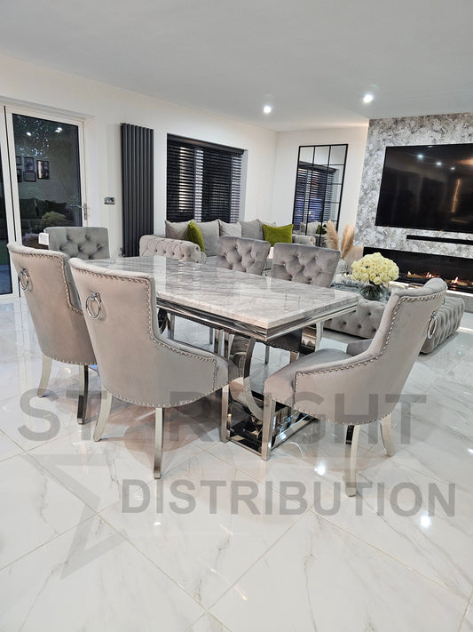 Arianna Rectangle Marble Dining Table Set With Bull Ring Knockerback Chairs – Close Up Chair Fabric & Leg Detail