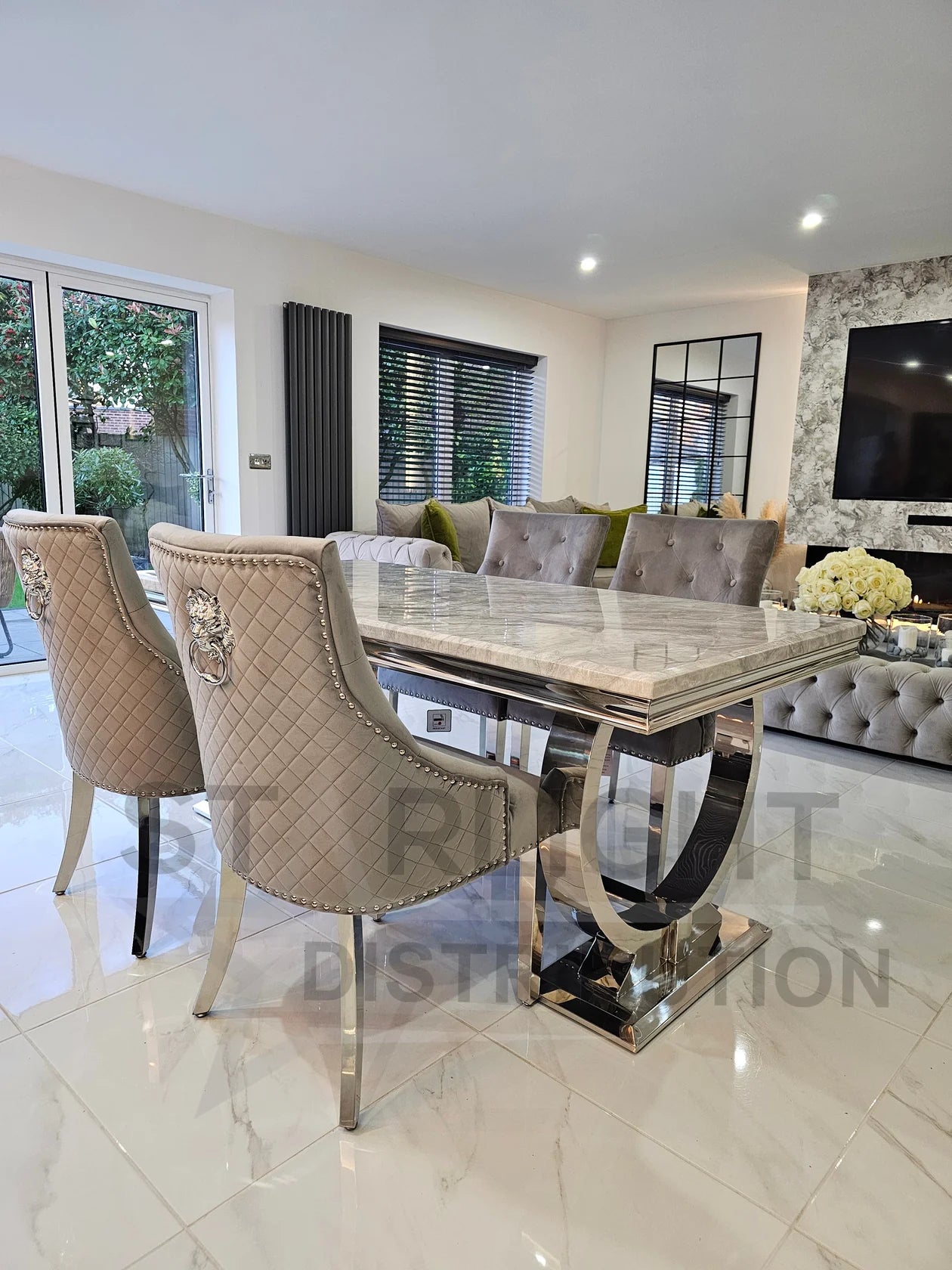 Arianna Rectangle Marble Dining Table Set With Bull Ring Knockerback Chairs
