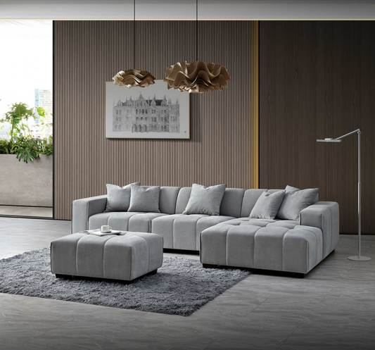 Aluxo Leonard Corner Group in Cloudy Grey Boucle – Close Up Fabric & Upholstery Texture Detail