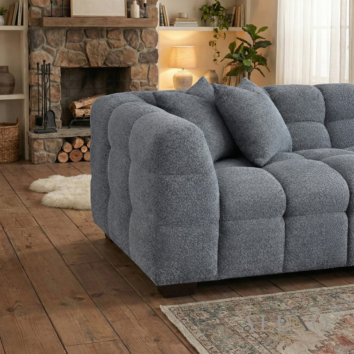 Aluxo Tribeca Bubble Right Hand Facing (RHF) Corner Sofa – Iron Grey Bouclé – Rear Profile Showing Structural Frame and Finish