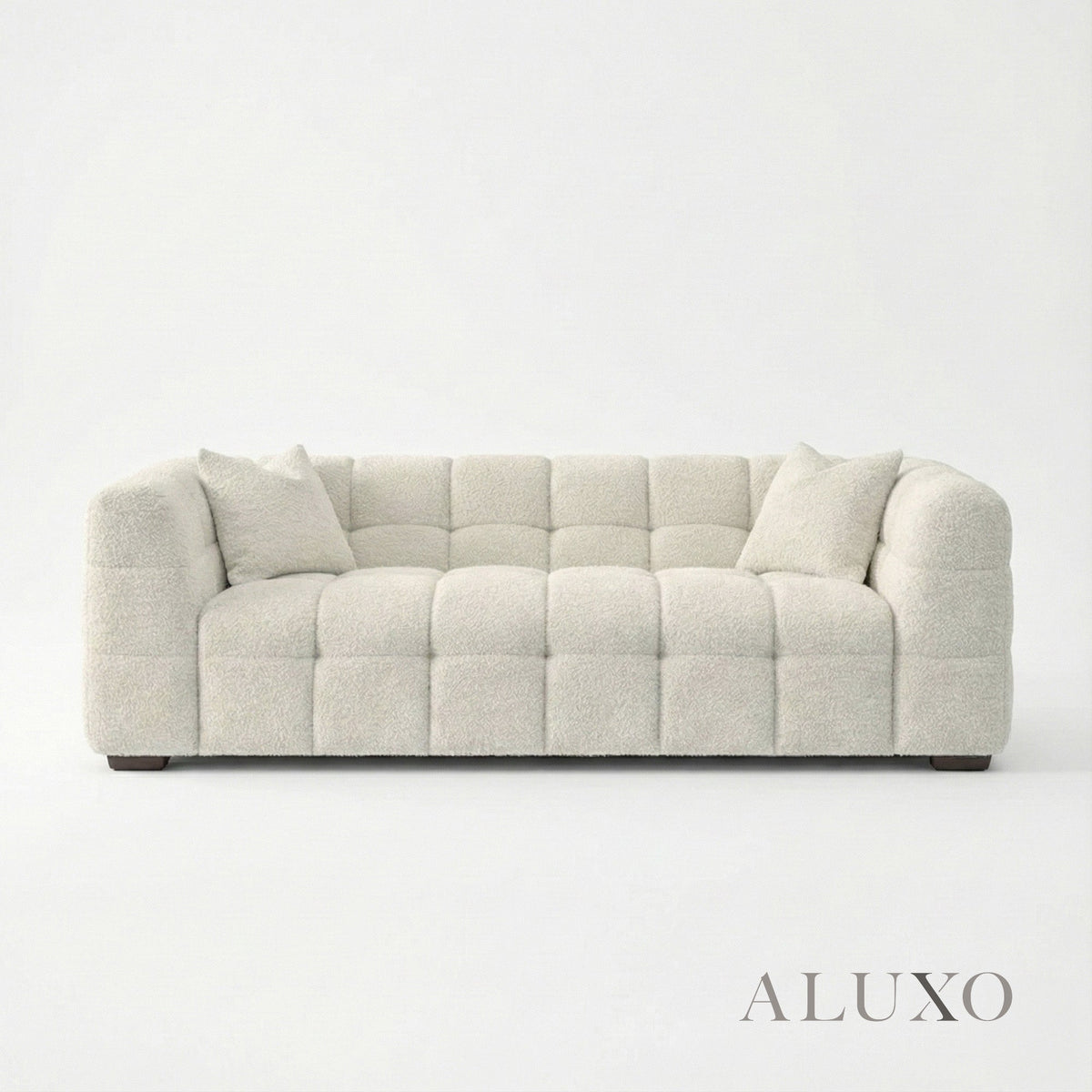 Aluxo Tribeca Bubble 3 Seater Sofa – Oatmeal Beige Bouclé – Rear Profile Showing Structural Frame and Finish