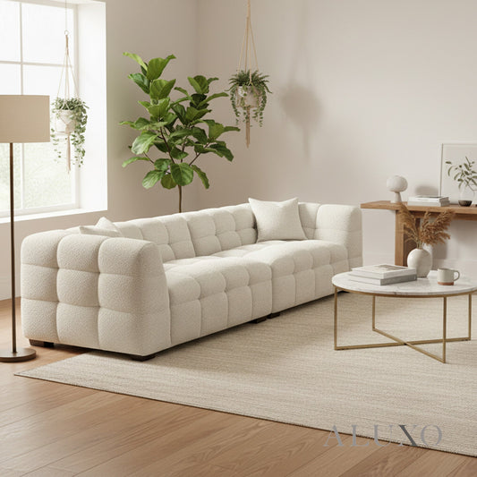 Aluxo Tribeca Bubble 4 Seater Large Sofa – Oatmeal Beige Bouclé – Side Angle & Layout View