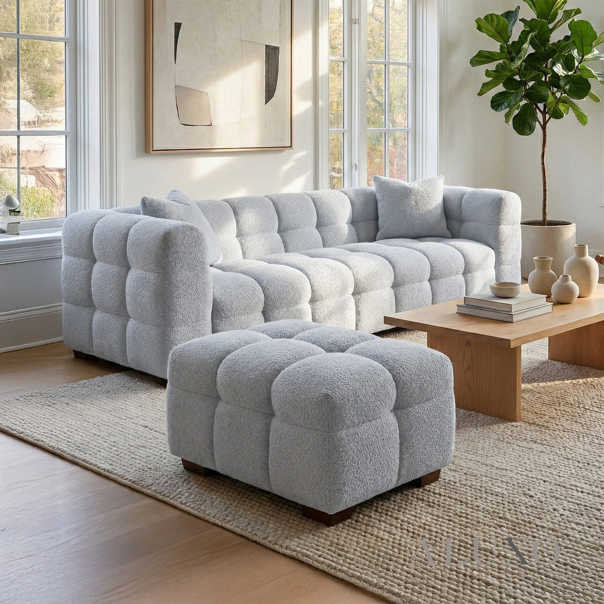 Aluxo Tribeca Bubble Matching Footstool – Pearl Bouclé – Side Angle & Layout View