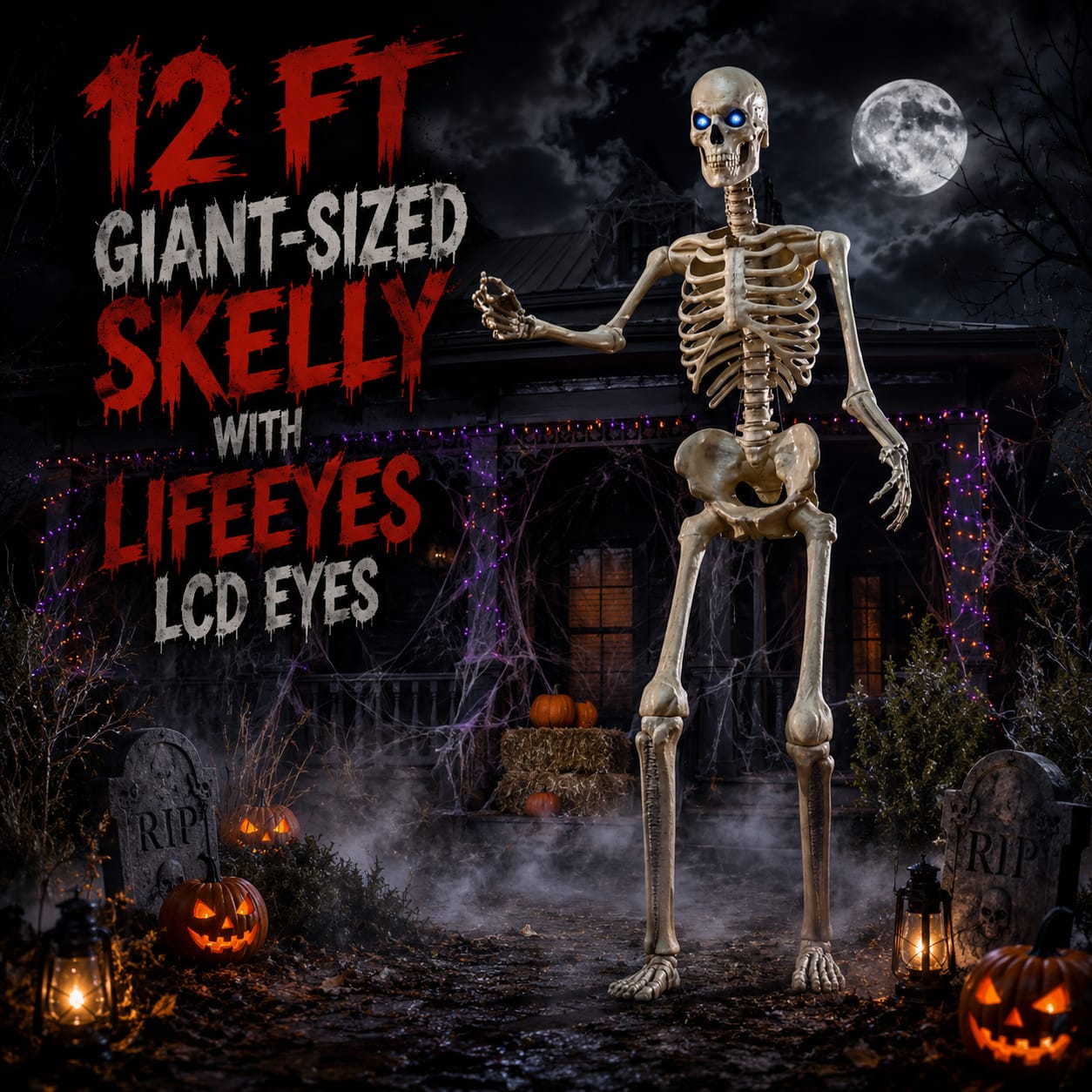 12ft Giant Skelly Skeleton Halloween Animatronic – Full Body Front View on White Background with LCD LifeEyes & Stand | Starlight Distribution

