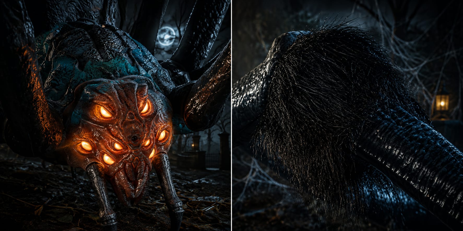 9.5ft Gruesome Grounds Giant Arachnophobia Spider – Close-Up of Glowing Orange LED Eyes & Textured Body Detail, Dark Forest Scene | Starlight Distribution
