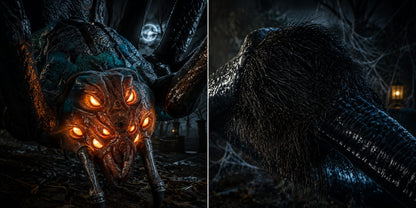 9.5ft Gruesome Grounds Giant Arachnophobia Spider – Close-Up of Glowing Orange LED Eyes & Textured Body Detail, Dark Forest Scene | Starlight Distribution
