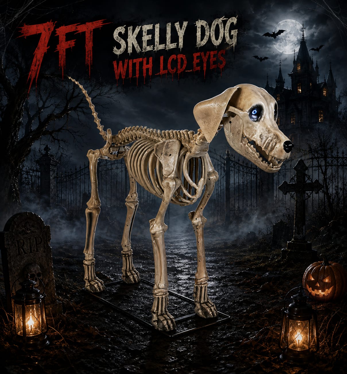 Giant 7ft Skelly's Dog Halloween Prop – Full Body Hero Shot with LCD Eyes on Haunted Graveyard Background | Starlight Distribution
