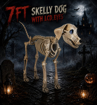 Giant 7ft Skelly's Dog Halloween Prop – Full Body Hero Shot with LCD Eyes on Haunted Graveyard Background | Starlight Distribution
