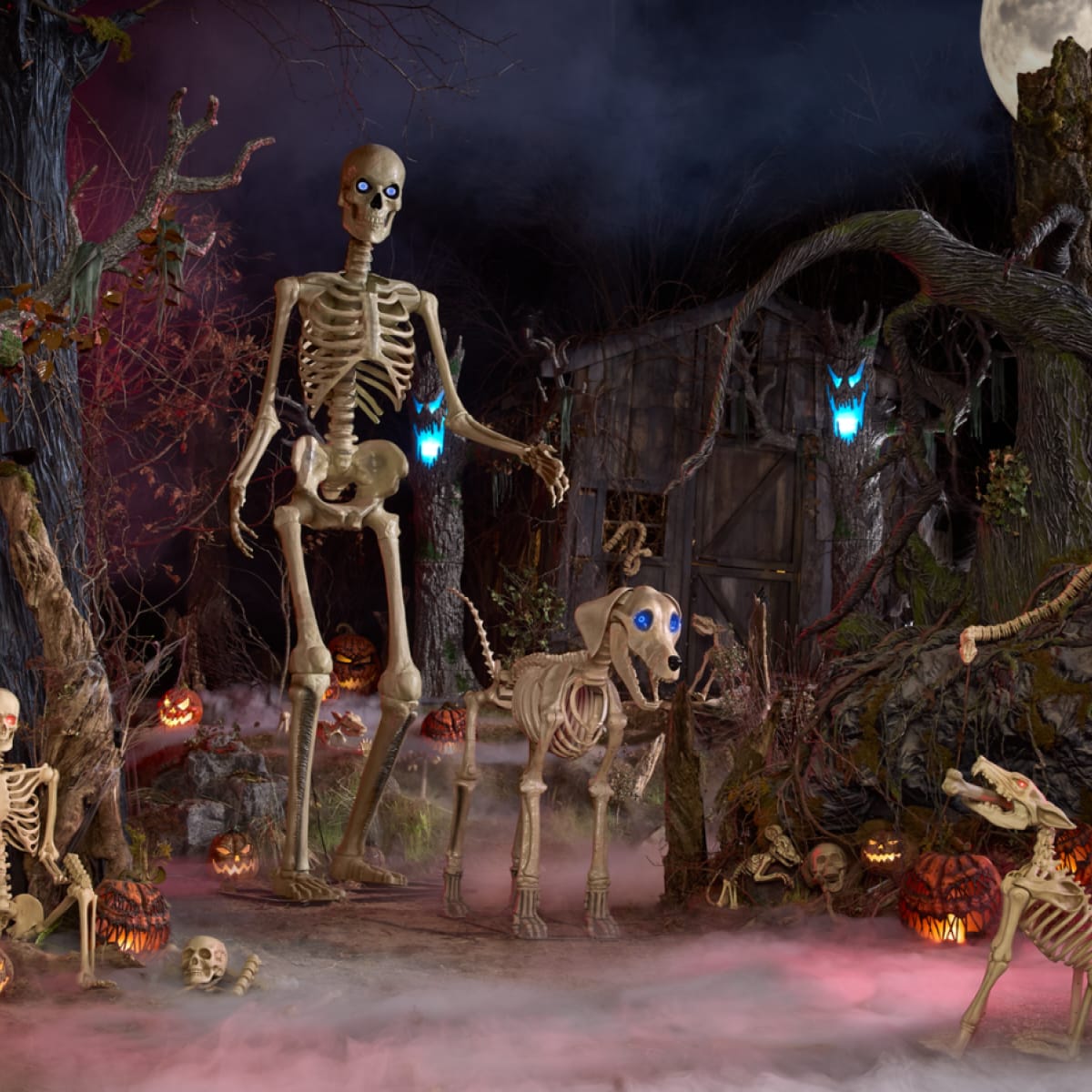 Giant 7ft Skelly's Dog Halloween Prop – Outdoor Halloween Scene with 12ft Skeleton & Posable Jaw Detail | Starlight Distribution

