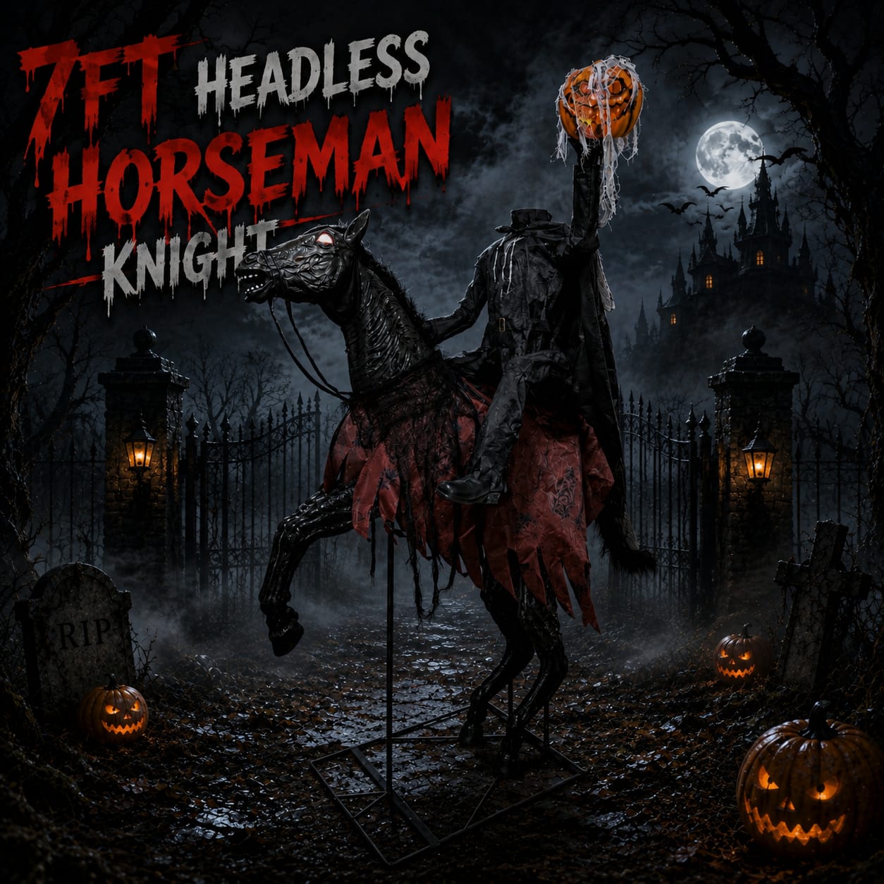 7ft Headless Horseman Knight Animated Halloween Prop – Hero Lifestyle Shot, Headless Rider on Rearing Horse with Glowing Pumpkin, Moonlit Graveyard Scene | Starlight Distribution
