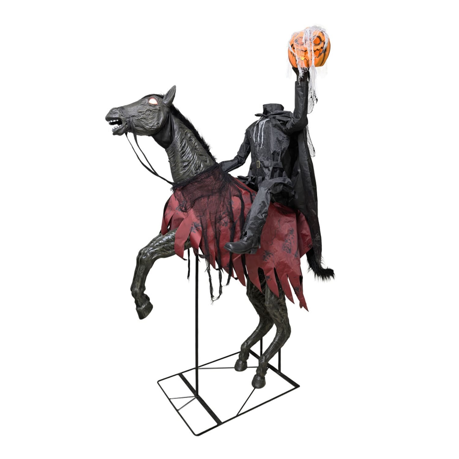 7ft Headless Horseman Knight Animated Halloween Prop – Full Body 3/4 View on White, Black Horse & Rider with Raised Pumpkin Head & Metal Stand | Starlight Distribution