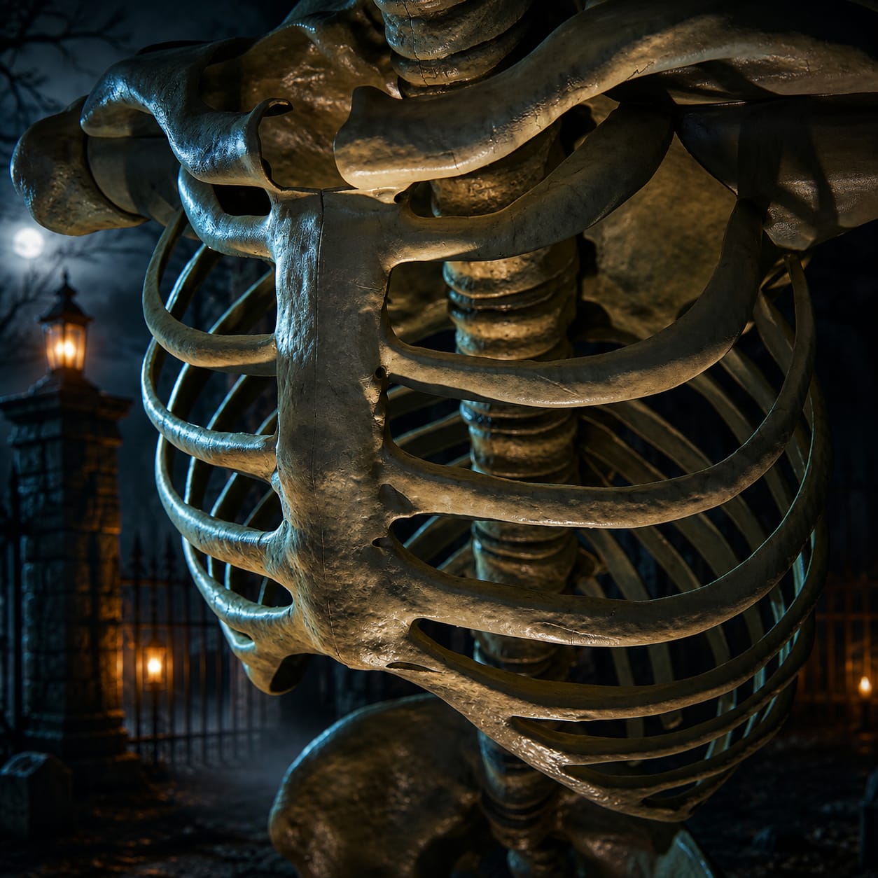 12ft Giant Skelly Skeleton Halloween Animatronic – Detail Shot of Aged Bone Rib Cage, Moonlit Graveyard Scene | Starlight Distribution
