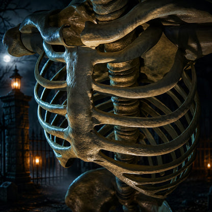 12ft Giant Skelly Skeleton Halloween Animatronic – Detail Shot of Aged Bone Rib Cage, Moonlit Graveyard Scene | Starlight Distribution
