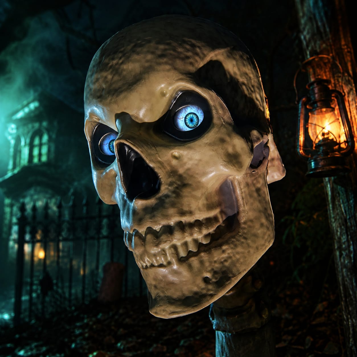 12ft Giant Skelly Skeleton Halloween Animatronic – Close-Up of Skull with Glowing Blue LCD LifeEyes, Haunted House Background | Starlight Distribution
