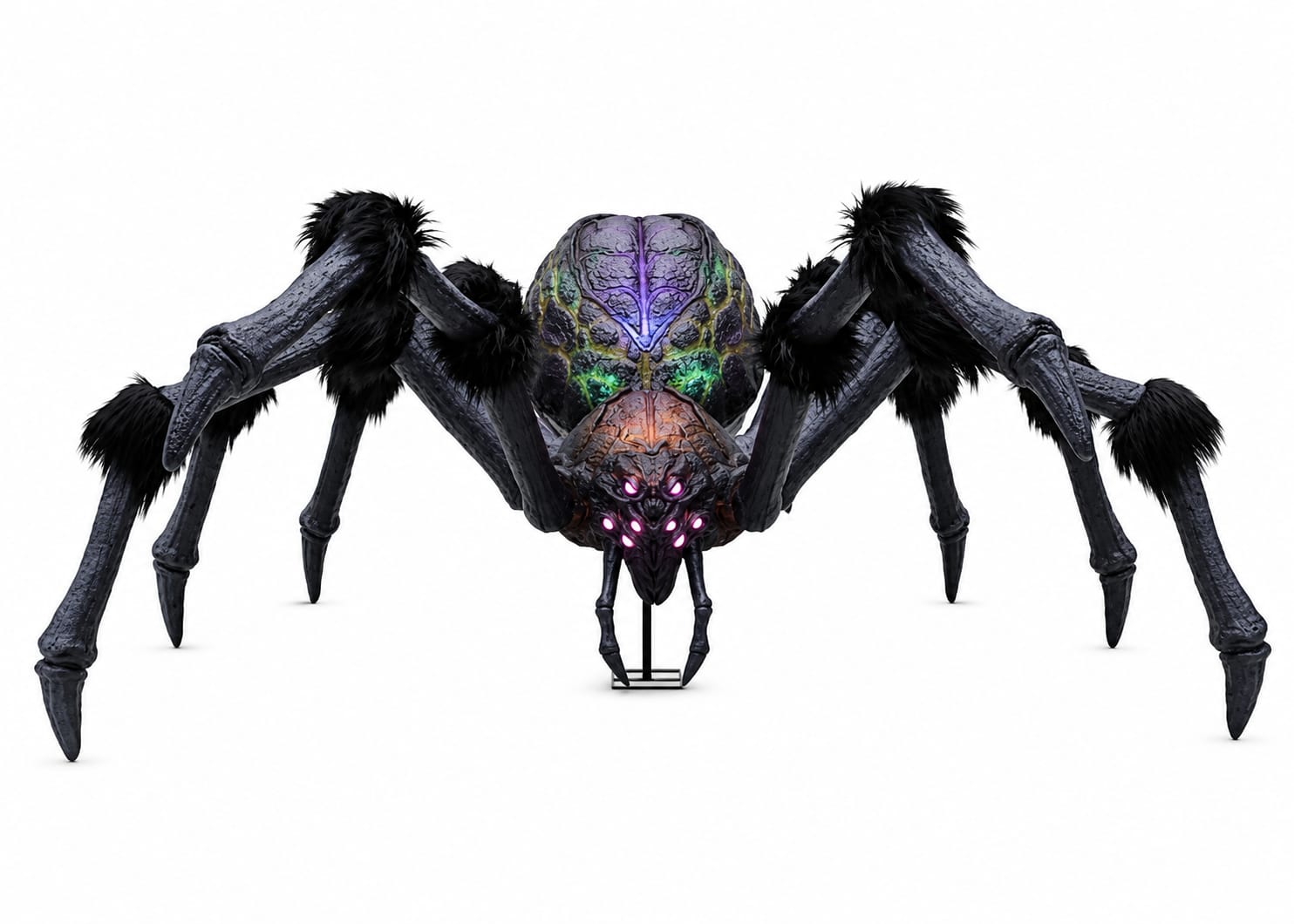 9.5ft Gruesome Grounds Giant Arachnophobia Spider – Full Body Front View on White, Black Fur Legs & Multi-Colour LED Abdomen | Starlight Distribution
