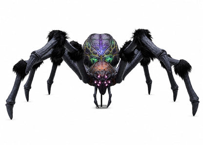 9.5ft Gruesome Grounds Giant Arachnophobia Spider – Full Body Front View on White, Black Fur Legs & Multi-Colour LED Abdomen | Starlight Distribution
