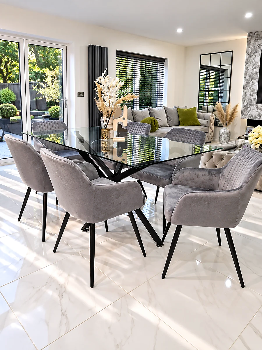 Amalfi Glass Dining Set – Light Grey Six-Chair Front View | Starlight Distribution
