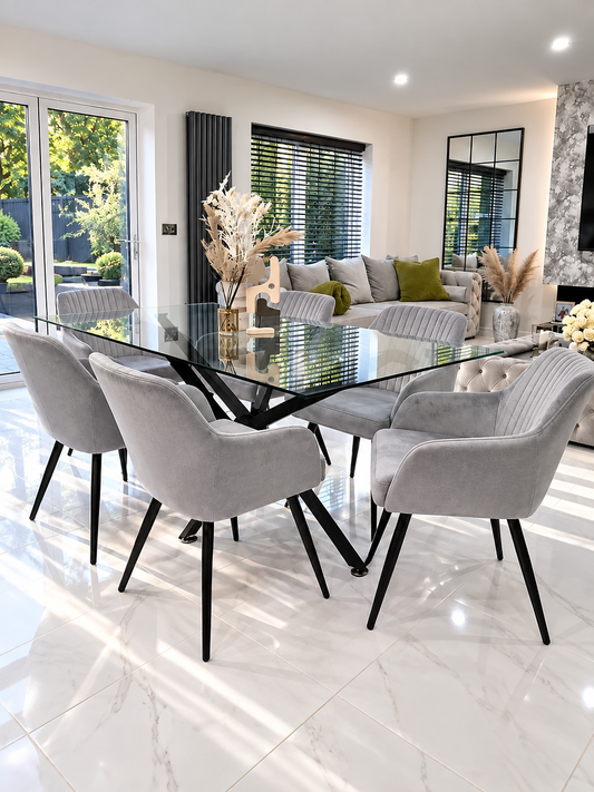 Amalfi Glass Dining Set – Light Grey Six-Chair Front View | Starlight Distribution
