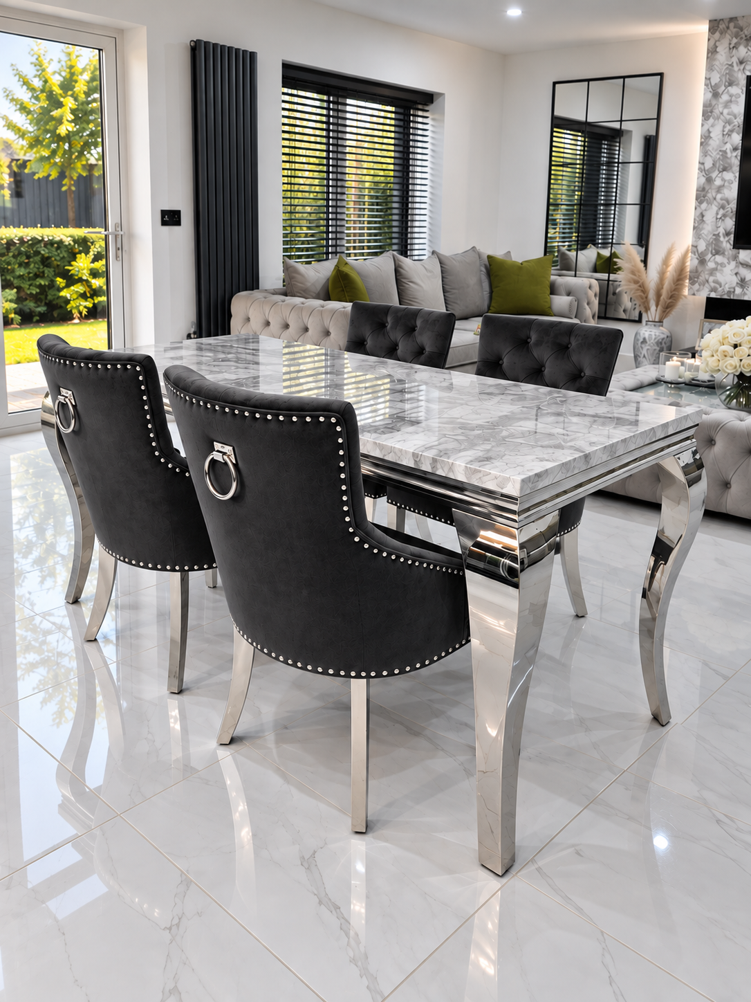 Louis Trafalgar Marble Dining Set – 4 Black Velvet Bull Ring Chairs Top-Down Lifestyle View | Starlight Distribution