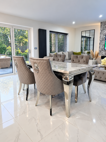 Louis Trafalgar Marble Dining Set – 4 Light Grey Lion Head Knockerback Chairs Wide Lifestyle View | Starlight Distribution
