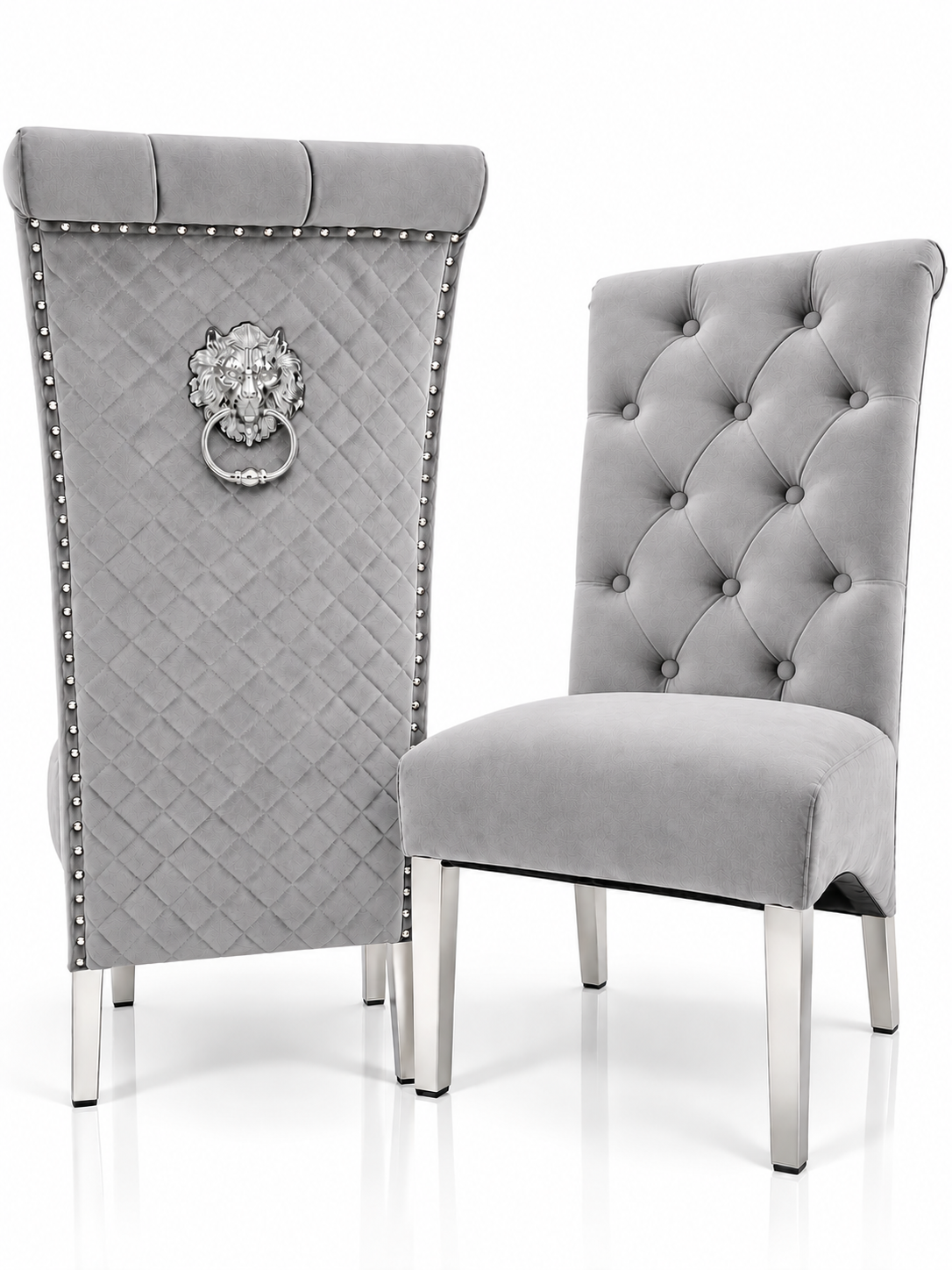 Set of 2 Light Grey French Velvet Emma Chairs – Front and back view| Starlight Distribution