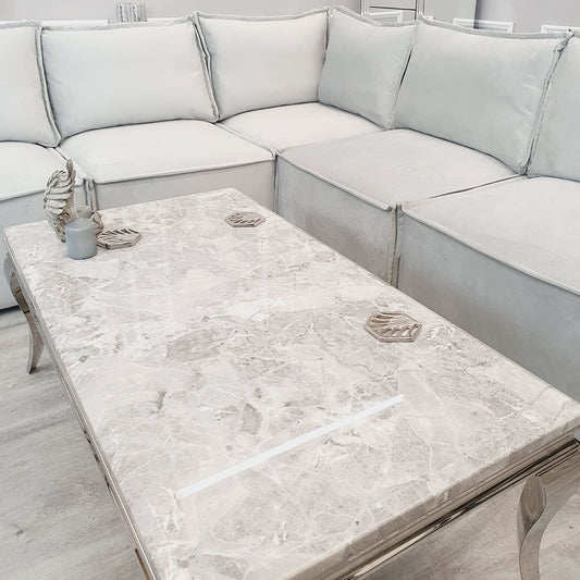 Trafalgar Chrome Coffee Table – Close Up Chair Fabric & Leg Detail
