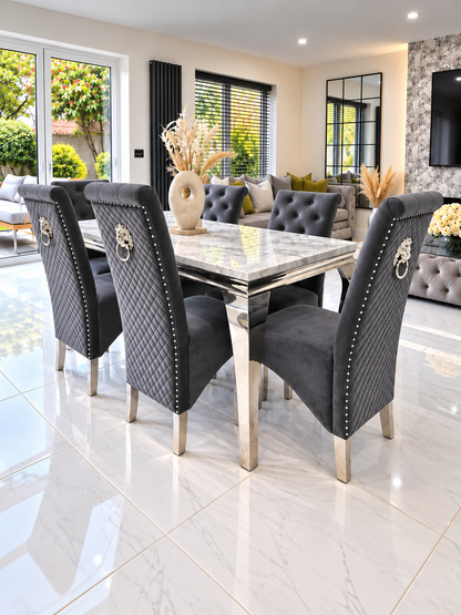 Trafalgar Rectangle Marble Dining Table Set With Tall Back Knockerback Chairs