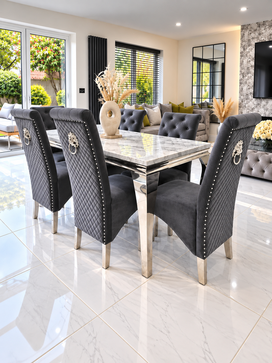 Trafalgar Rectangle Marble Dining Table Set With Tall Back Knockerback Chairs