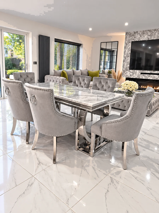 Arianna Rectangle Marble Dining Table Set With Bull Ring Knockerback Chairs