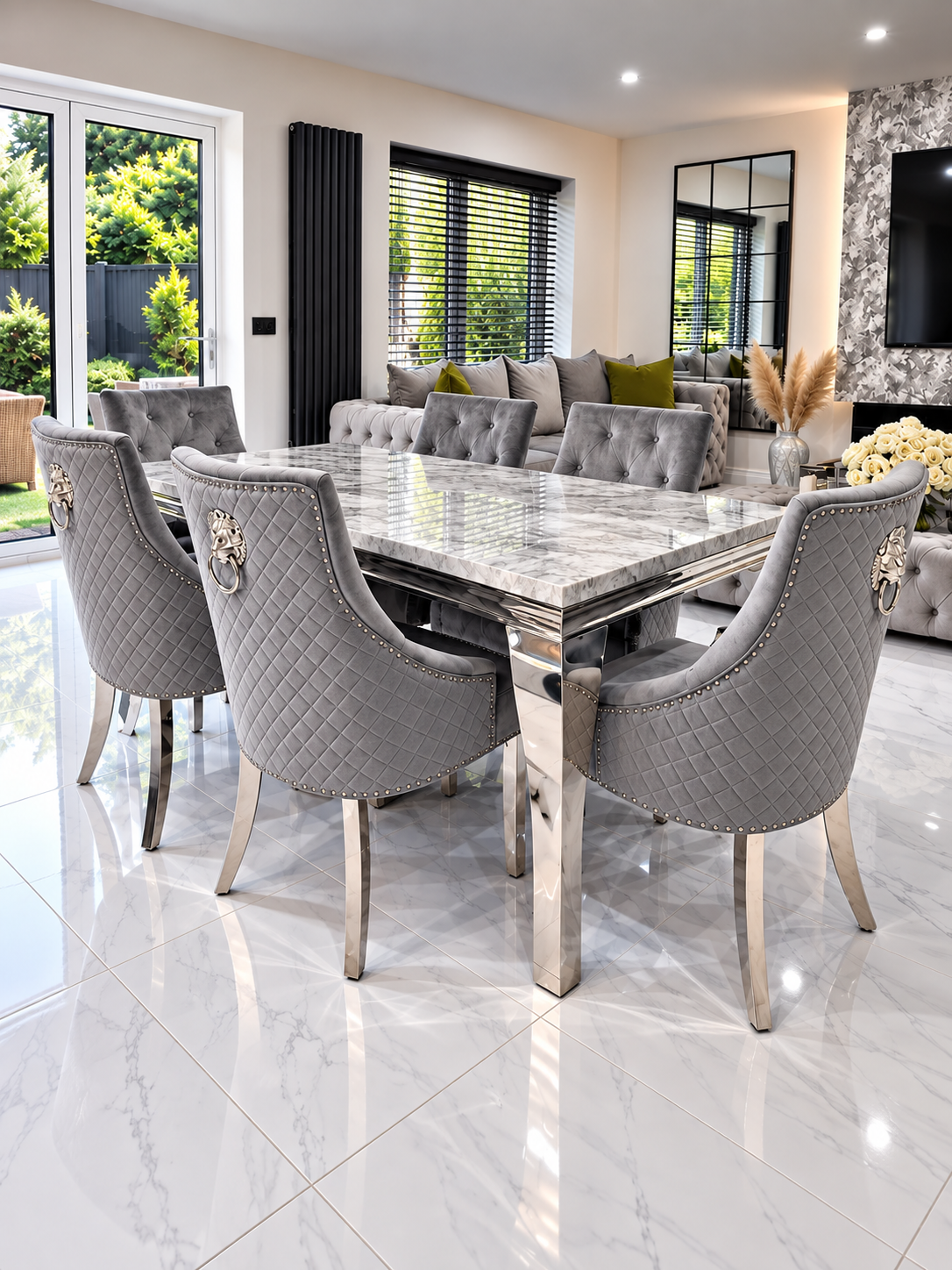 Louis Trafalgar Marble Dining Set – Six Lion Head Chairs, Angled Room View | Starlight Distribution