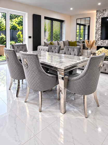 Louis Trafalgar Marble Dining Set – Six Lion Head Chairs, Angled Room View | Starlight Distribution