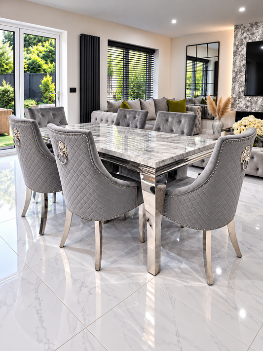 Louis Trafalgar Marble Dining Set – 6 Mink Lion Head Knockerback Chairs Lifestyle View in Modern Open Plan Space | Starlight Distribution
