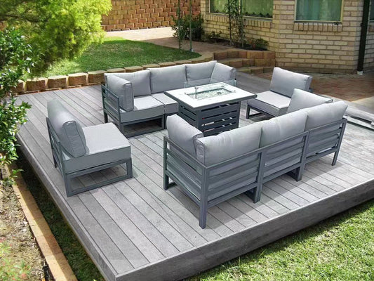 The Harlow Aluminium 8 Seater Garden Set Inc Marble Effect Fire Pit Table
