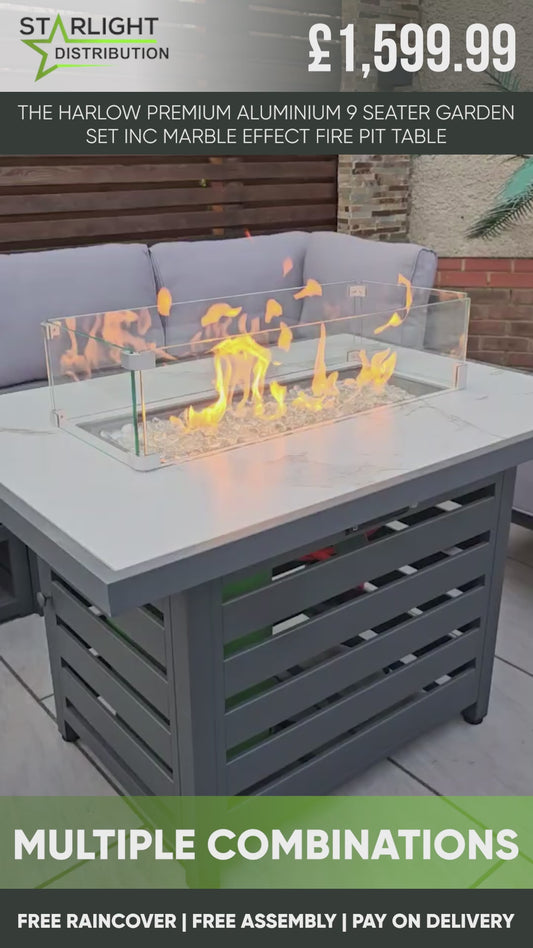 The Harlow Premium Aluminium 9 Seater Garden Set Inc Marble Effect Fire Pit Table – Product Overview & Demonstration Video