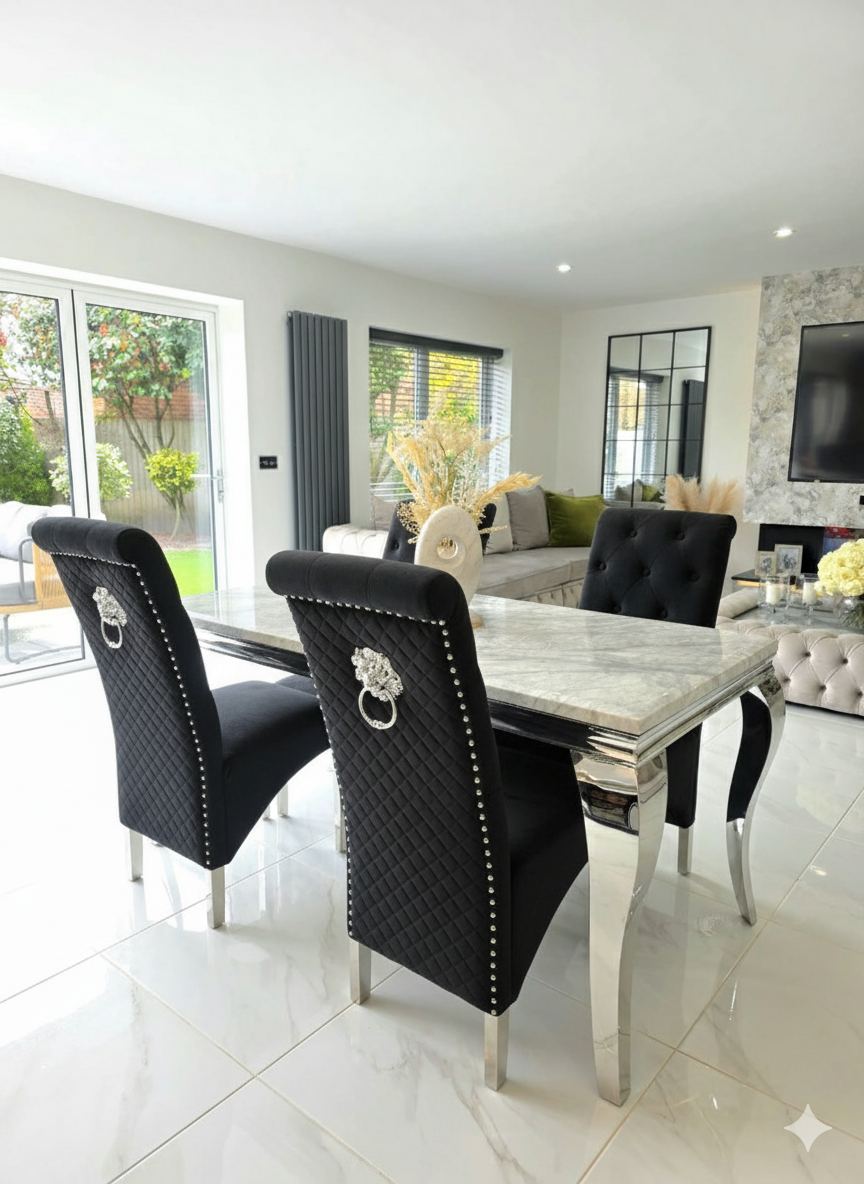 Trafalgar Rectangle Marble Dining Table Set With Tall Back Knockerback Chairs