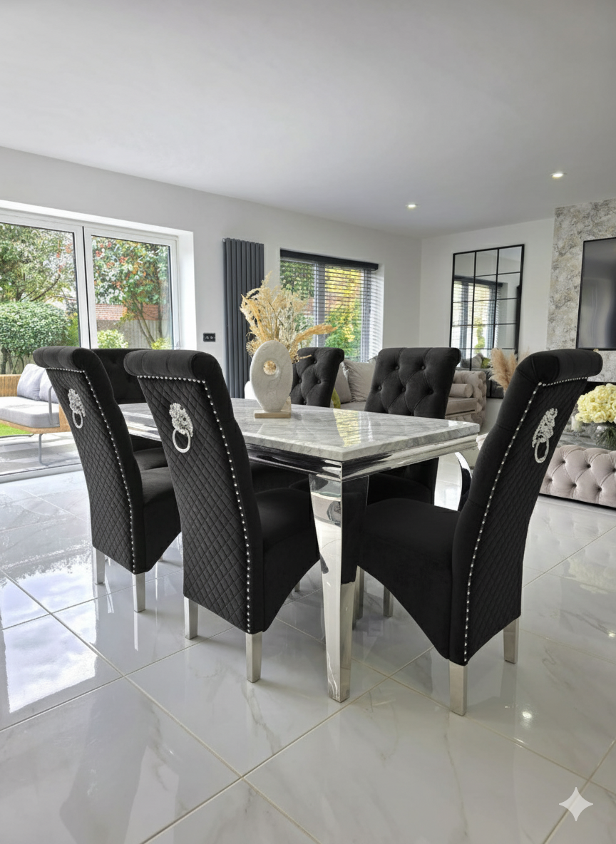 Trafalgar Rectangle Marble Dining Table Set With Tall Back Knockerback Chairs