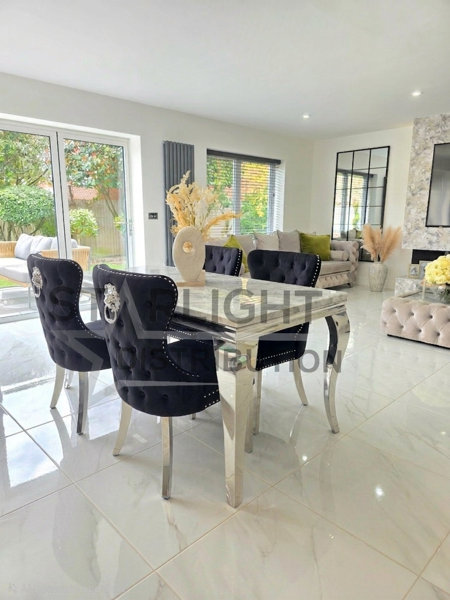 Trafalgar Rectangle Marble Dining Table Set With Black Chelsea Lion Head Knockerback Chairs – 4 Chairs In-Situ Lifestyle View in Bright Modern Open Plan Living Space