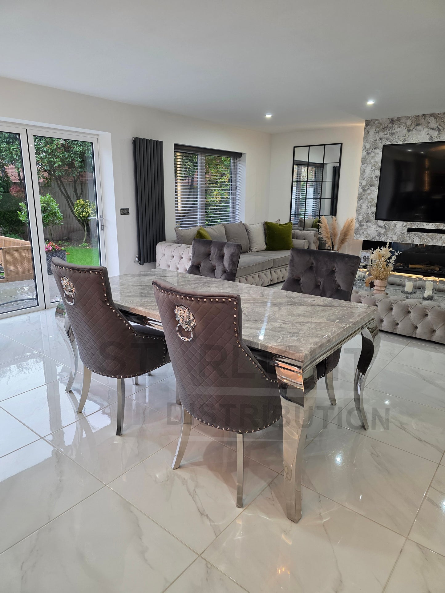 Trafalgar Marble Dining Table Set With Dark Grey Lion Head Knockerback Chairs – 4 Chairs View