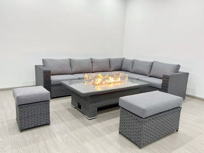 Rosewood Rise & Fall Corner Rattan Garden Furniture Set With FIREPIT Table