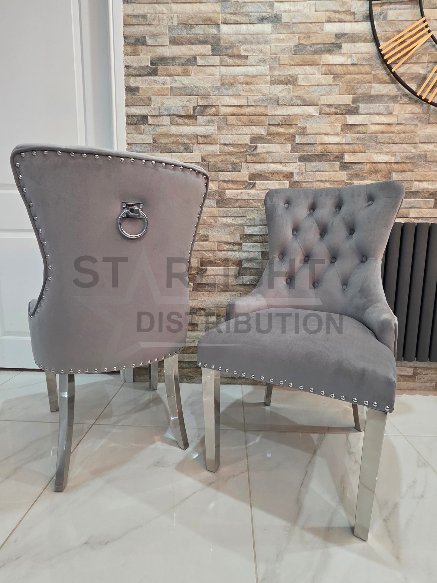 Set of 2 French Velvet Bull Ring KnockerBack Chairs